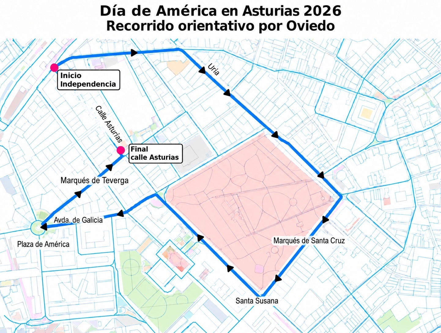 Mapa esquemático del recorrido del Día de América en Asturias 2026 por Oviedo