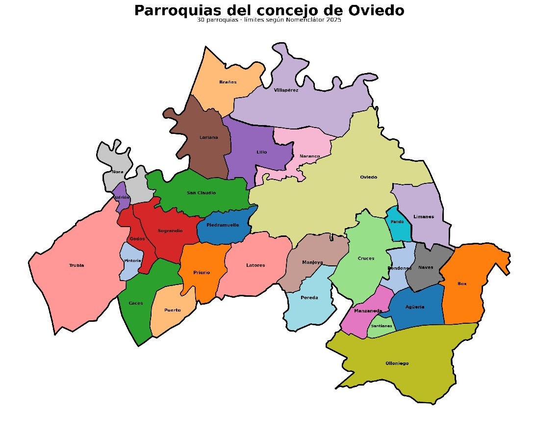 Map of the 30 parishes of the municipality of Oviedo