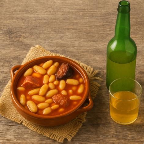 Traditional Asturian fabada with fabes beans and compango