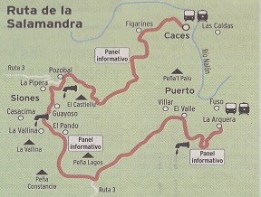 Mapa detallado de la Ruta de la Salamandra en Puerto y Caces